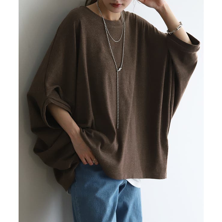 モカブラウン | Tシャツ レディース トップス リブ 五分袖 ドルマン オーバーサイズ ゆった | HUG.U