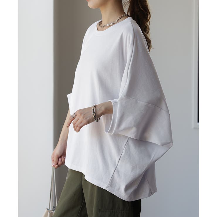 ホワイト | Tシャツ レディース トップス リブ 五分袖 ドルマン オーバーサイズ ゆった | HUG.U