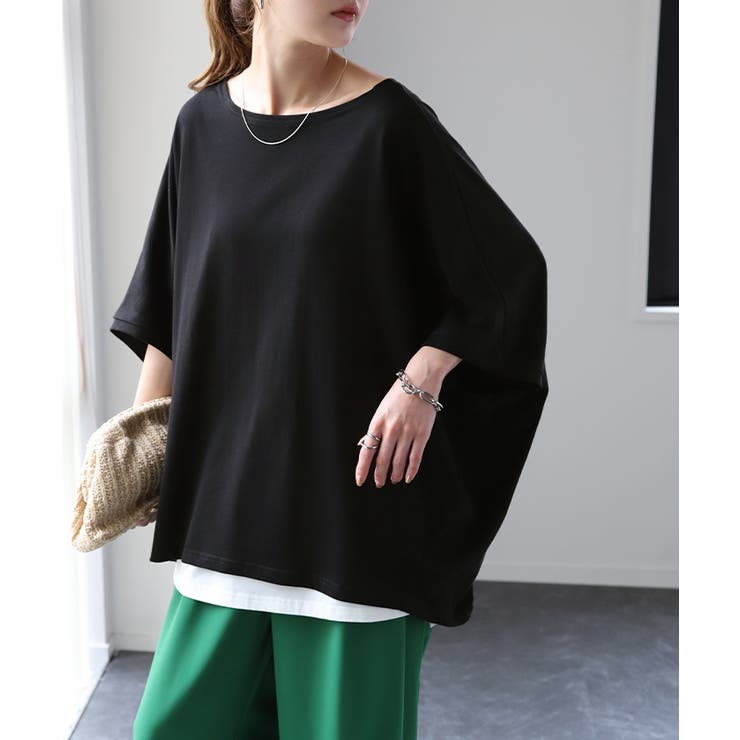 ブラック | Tシャツ レディース トップス 二の腕カバー ドルマン 体型カバー 半袖 五分 | HUG.U