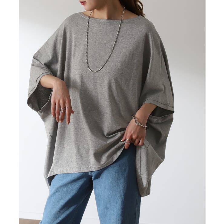 グレー | Tシャツ レディース トップス 二の腕カバー ドルマン 体型カバー 半袖 五分 | HUG.U
