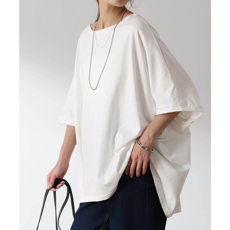 ホワイト | Tシャツ レディース トップス 二の腕カバー ドルマン 体型カバー 半袖 五分 | HUG.U