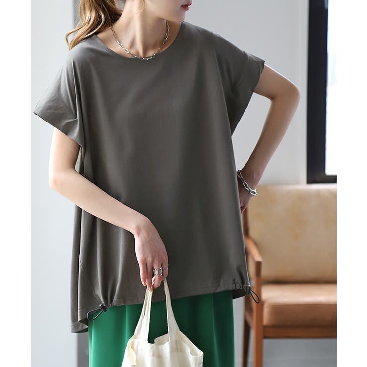 アースグレー | Tシャツ レディース トップス 冷感 フレンチスリーブ 半袖 ドロスト 綿 二 | HUG.U