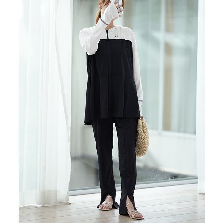 ブラック | ラッシュガード レディース パーカー 2点セット パンツ 長袖 フレアパンツ | HUG.U