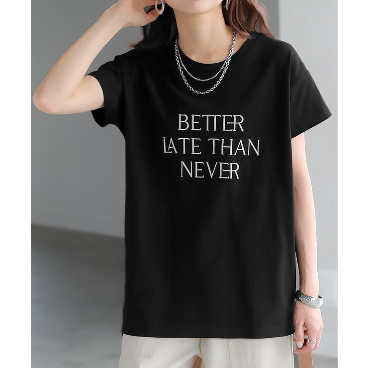 ブラック(半袖) | ロゴT レディース Tシャツ トップス 半袖 カットソー 刺繍 ロゴ フレンチ | HUG.U