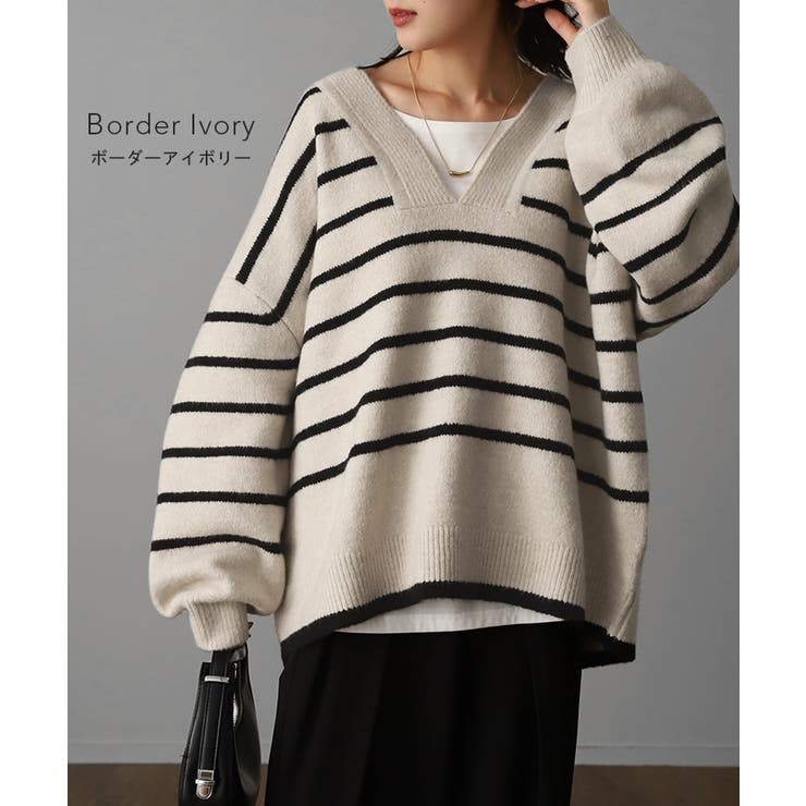 sheller レイヤード風ニット ボーダー ニット レイヤード レディース トップス セーター Vネック ゆったり