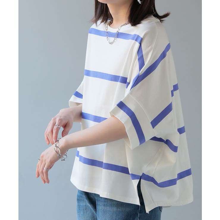 オフホワイト×ブルー | Tシャツ ボーダー 体型カバー | HUG.U