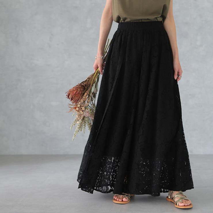 ブラック | ワイドパンツ レディース ボトムス レース 大きいサイズ ワイドパンツルック | HUG.U