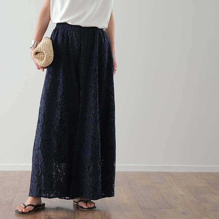 ネイビー | ワイドパンツ レディース ボトムス レース 大きいサイズ ワイドパンツルック | HUG.U