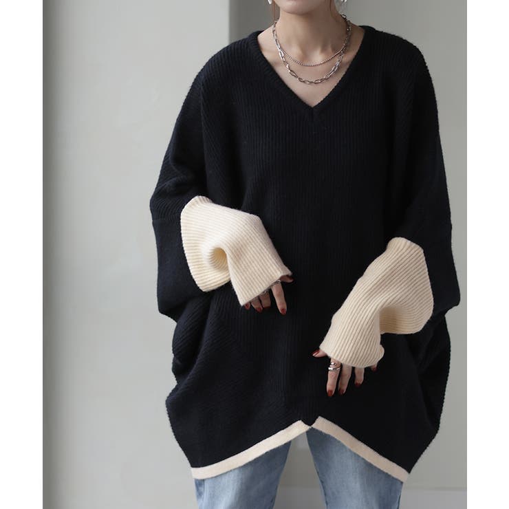 ブラック×アイボリー(Vネック) | ニット トップス レディース | HUG.U