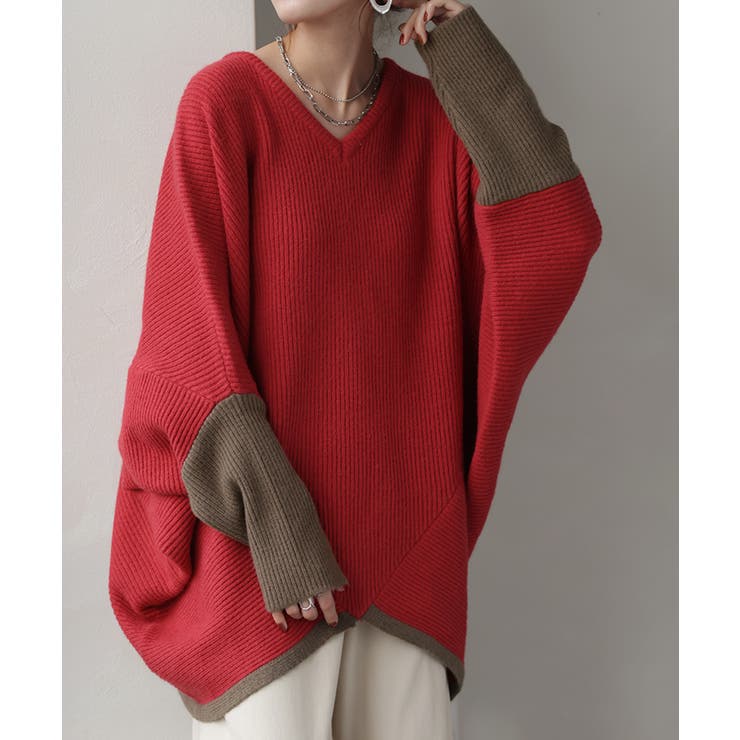 レッド×グレージュ(Vネック) | ニット トップス レディース | HUG.U