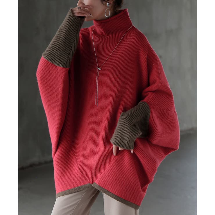 レッド×グレージュ(ハイネック) | ニット トップス レディース | HUG.U