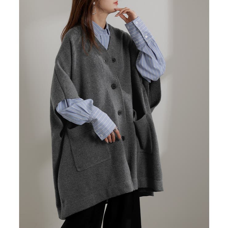 メランジグレー | カーディガン ポンチョ ロング | HUG.U