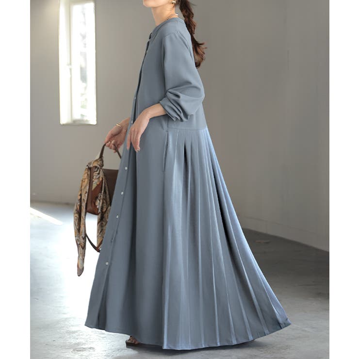 アッシュブルー | ワンピース プリーツ ノーカラ― | HUG.U