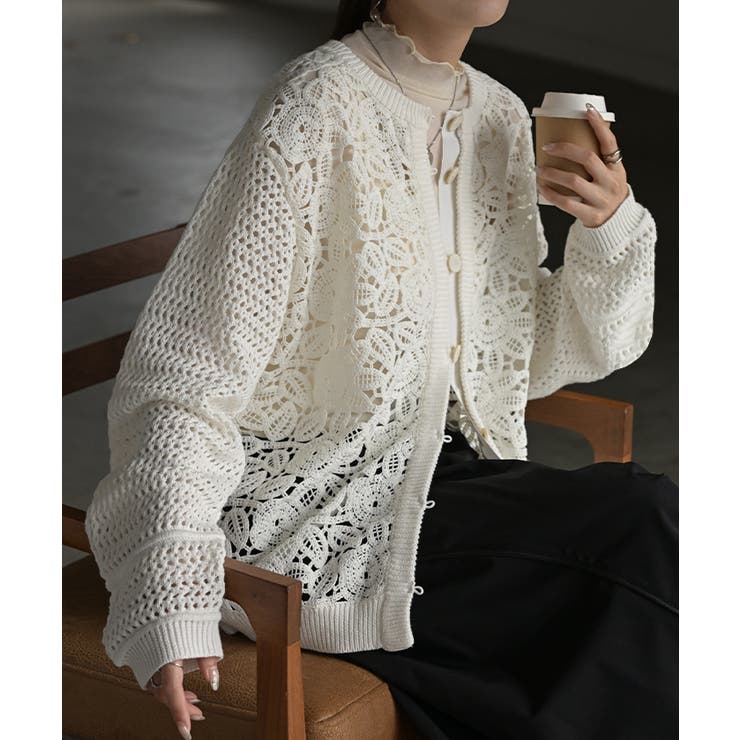 ホワイト | カーディガン ニット クロシェ編み | HUG.U
