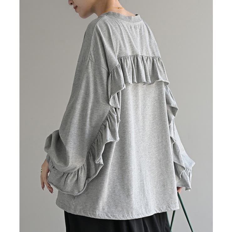 メランジグレー | ロンT Vネック フリル | HUG.U