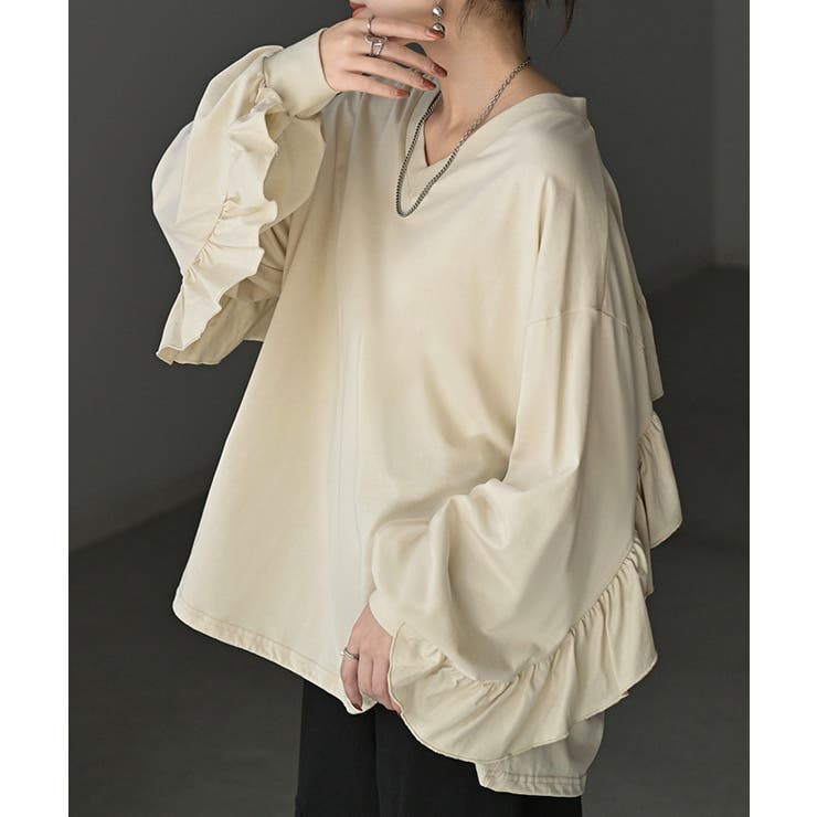 クリーム | ロンT Vネック フリル | HUG.U