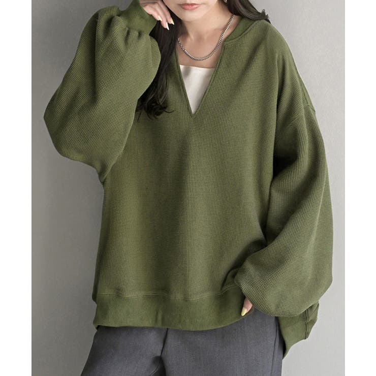 カーキ | ロンT ワッフル キーネック | HUG.U