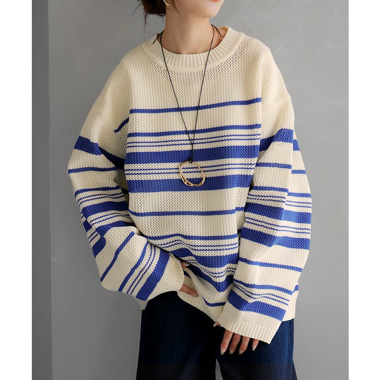 ブルー×アイボリー | ニット ボーダー スポンジニット | HUG.U