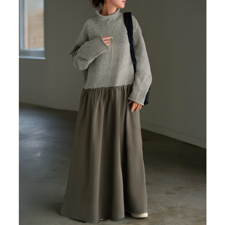 ライトグレー×アッシュカーキ | ワンピース ニット ドッキング | HUG.U