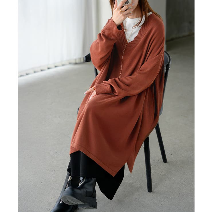 レッド | ニット ロング Vネック | HUG.U