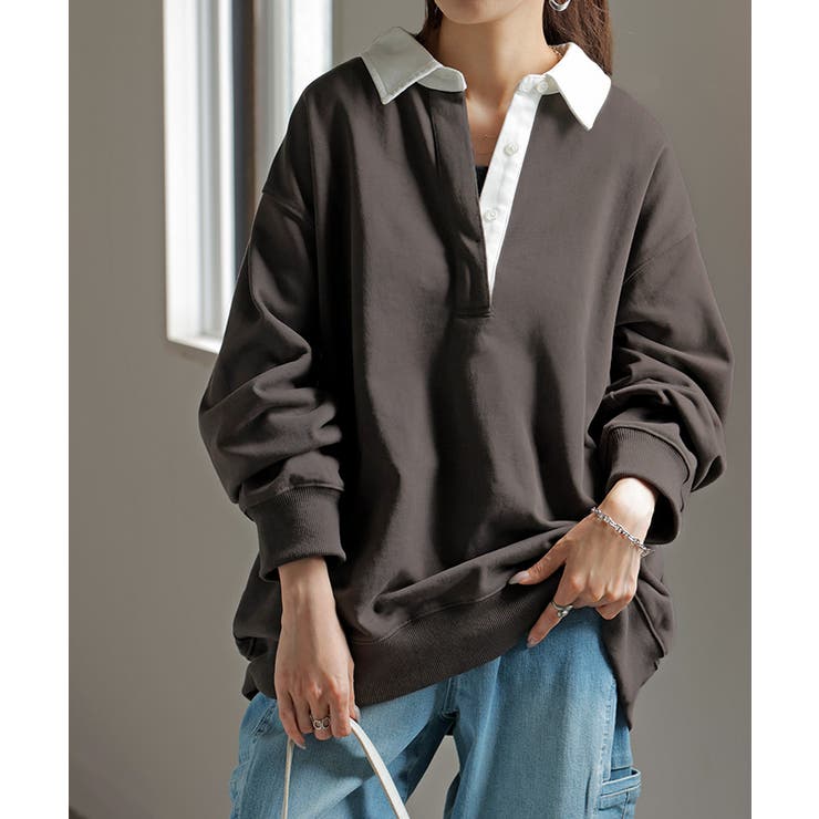 アースグレー | ラガーシャツ スウェット チュニック | HUG.U