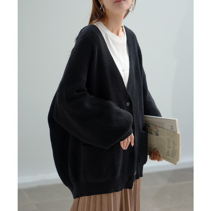 ブラック | カーディガン ワッフル 綿100 | HUG.U