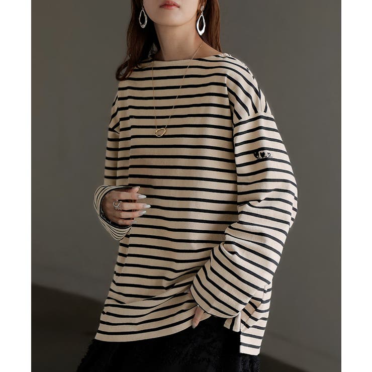 ベージュ×ブラック | カットソー ロンT ボーダー | HUG.U