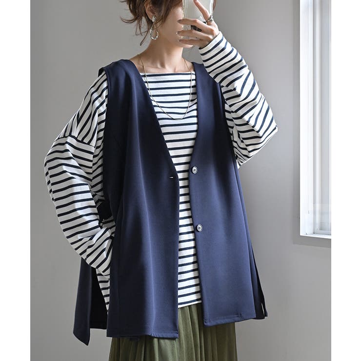 ネイビー | ジレ ロング 深V | HUG.U