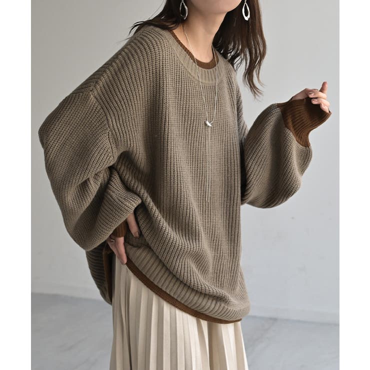 ベージュ×ブラウン | ニット バイカラー リブ編み | HUG.U