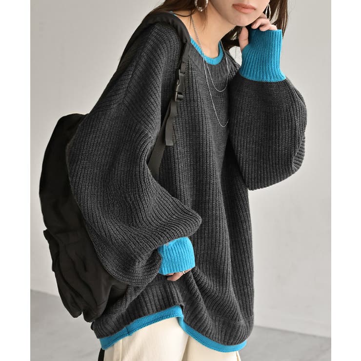 ダークグレー×ブルー | ニット バイカラー リブ編み | HUG.U