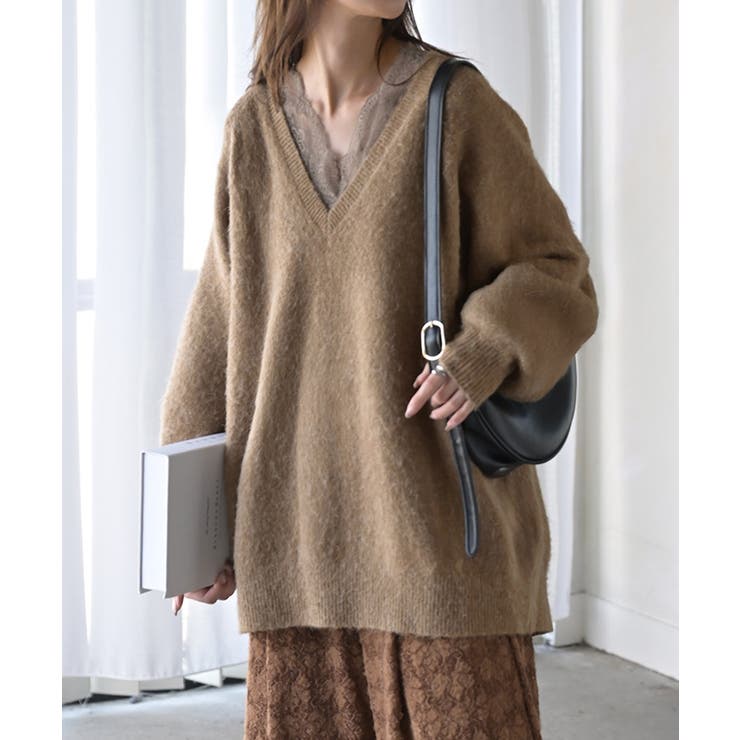 キャメル | ニット Vネック モヘアタッチ | HUG.U