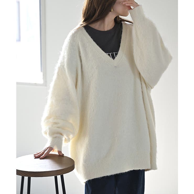 ホワイト | ニット Vネック モヘアタッチ | HUG.U