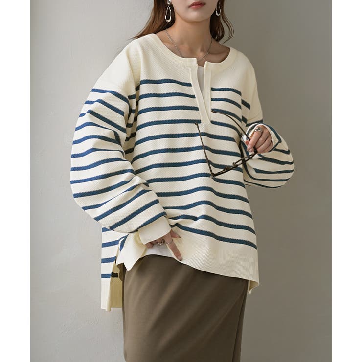 ブルー | ニット ボーダー スポンジニット | HUG.U