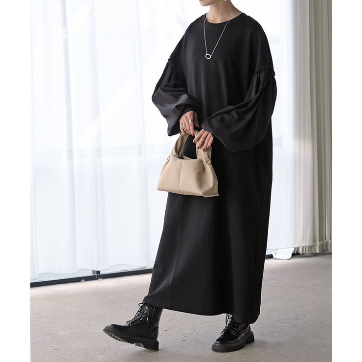 ブラック | ワンピース 異素材 ロング | HUG.U