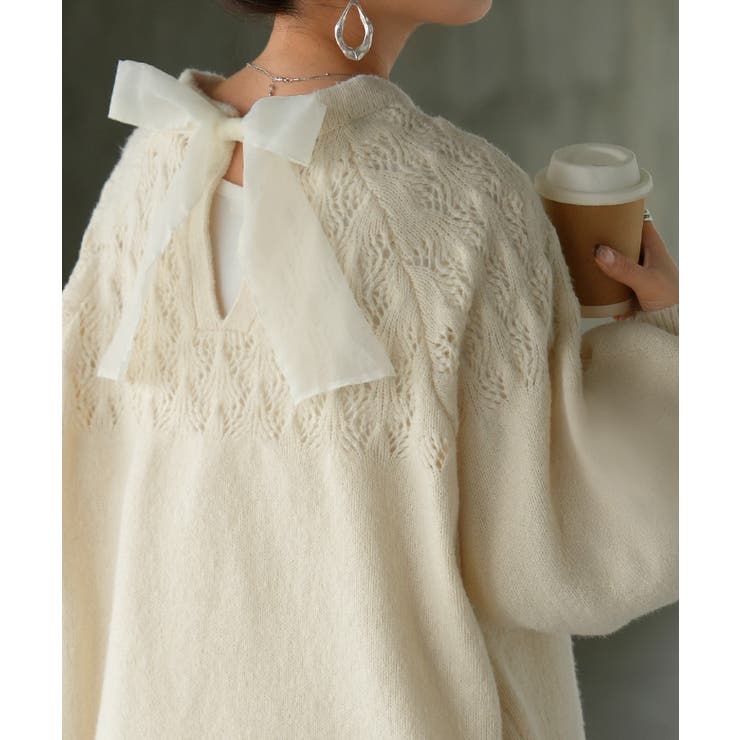 ホワイト | ニット バックリボン レース | HUG.U