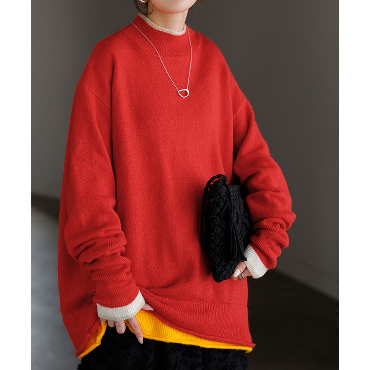 レッド×アイボリーベージュ | ニット 配色 トップス | HUG.U