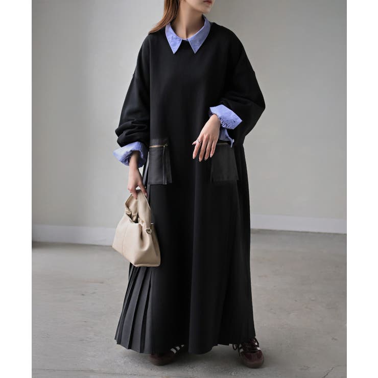 ブラック | ワンピース プリーツ 異素材 | HUG.U