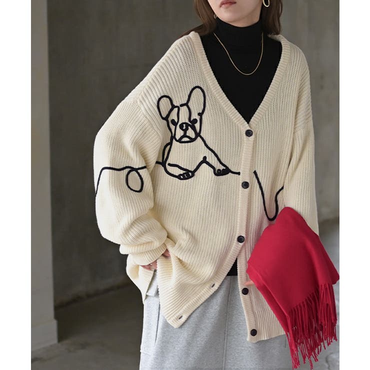 アイボリー | カーディガン 刺繍 犬 | HUG.U