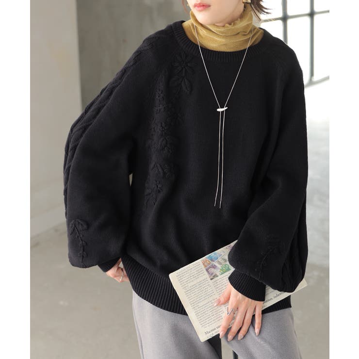 ブラック | ニット 刺繍 綿100 | HUG.U