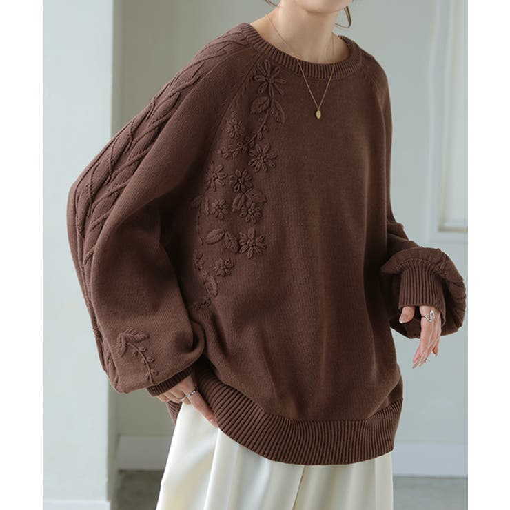 ブラウン | ニット 刺繍 綿100 | HUG.U