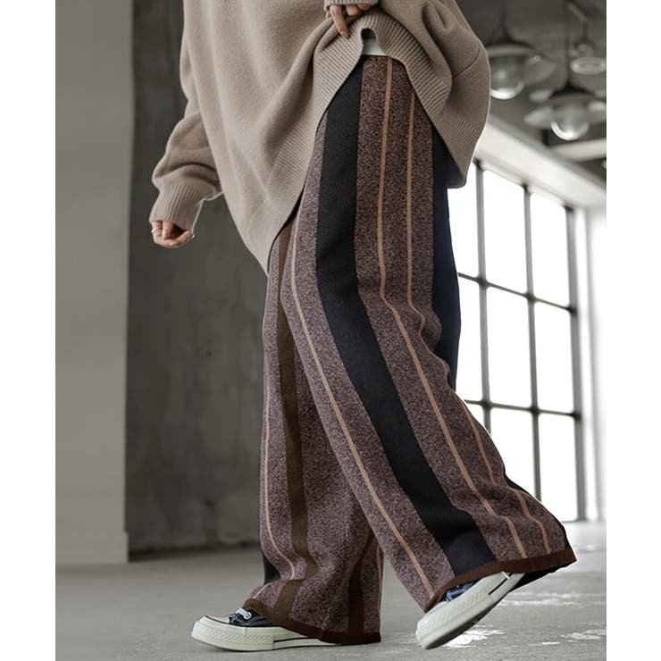 ブラウン×ブラック | パンツ ストライプ ニット | HUG.U