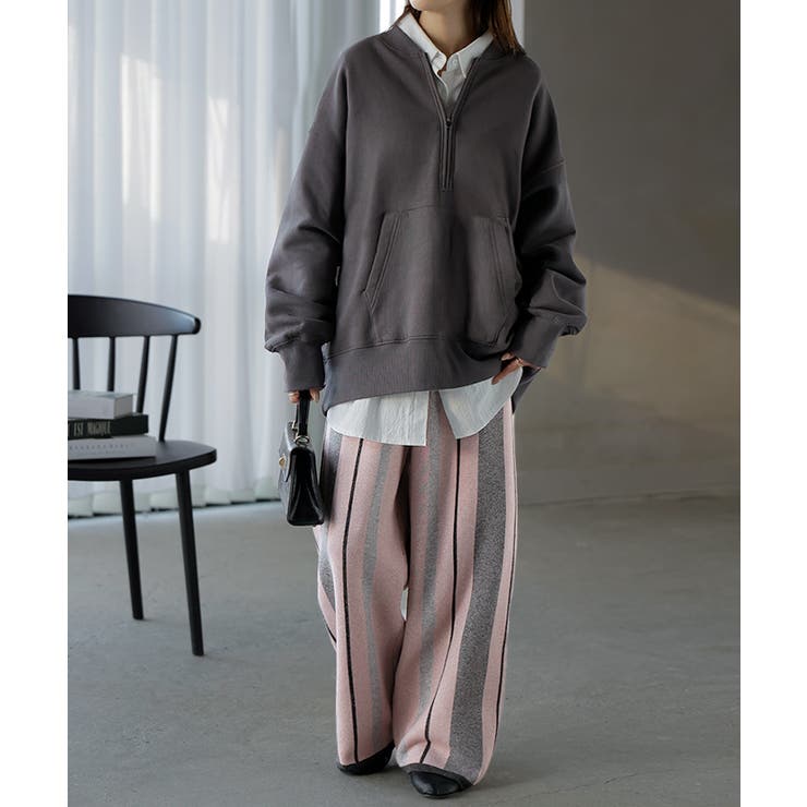 グレー×ダスティピンク | パンツ ストライプ ニット | HUG.U