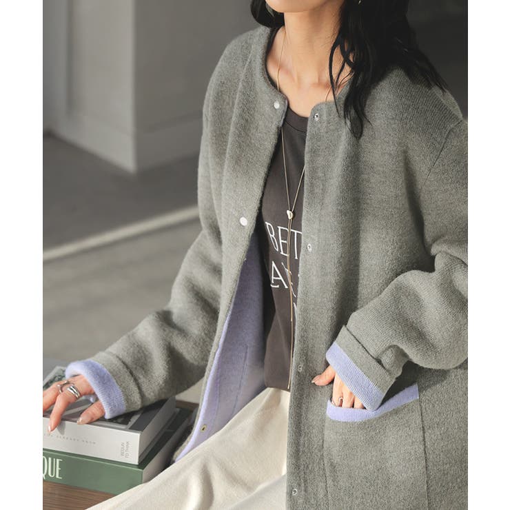 グレー×パープル | ニット カーディガン 配色 | HUG.U