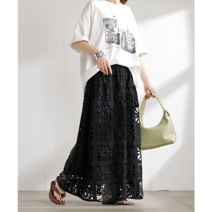 ブラック | スカート ロング 透かし編み | HUG.U