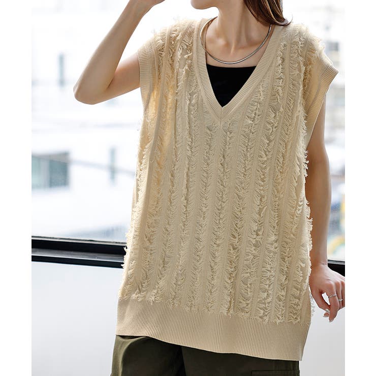 アイボリーベージュ | ベスト ニット フリンジ | HUG.U