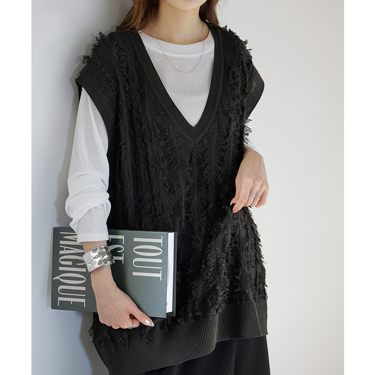 ブラック | ベスト ニット フリンジ | HUG.U