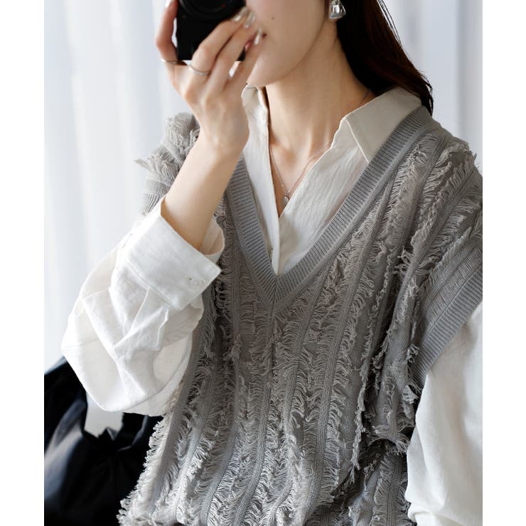 グレー | ベスト ニット フリンジ | HUG.U