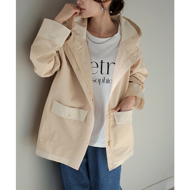 ベージュ×アイボリー | マウンテンパーカー 配色 ライトアウター | HUG.U