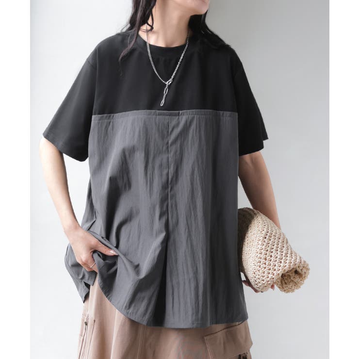 ブラック×グレー | Tシャツ バックプリーツ 異素材 | HUG.U