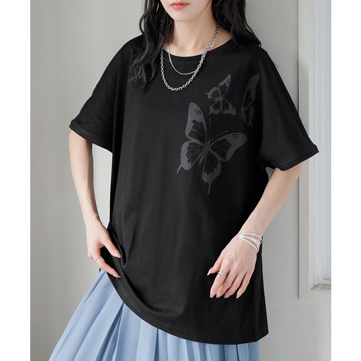 ブラック | Tシャツ プリント 蝶 | HUG.U